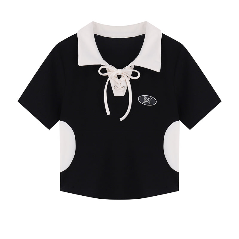 Design Sense Niche Polo Neck Lace Up Short Sleeve
