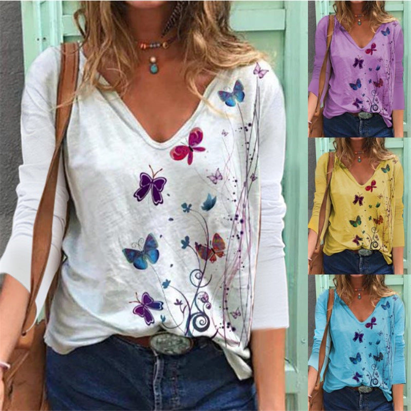 Butterfly Printed Long Sleeve V-neck T-shirt For Women